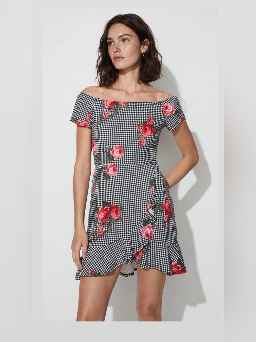 Black & White Dress with Red Rose Print